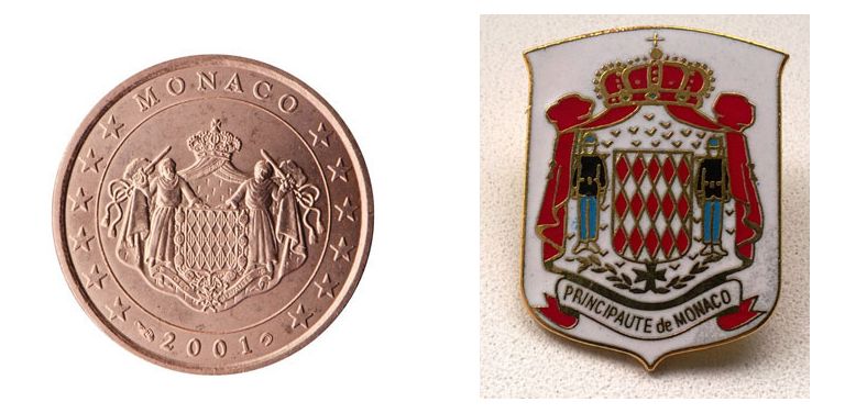 Монета с изображением герба Монако и значок с гербом Монако