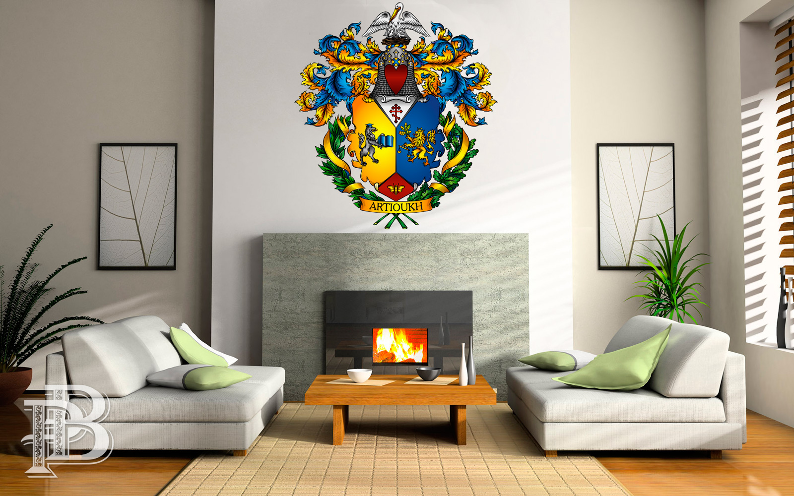 роспись фамильного герба на стене над камином в гостиной