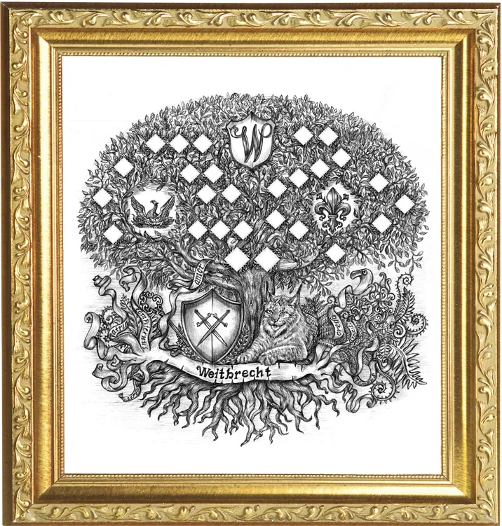 Картина с уникальным родовым деревом, выполненная на заказ, отрисованная вручную в технике гравюра с индивидуальным подходом.