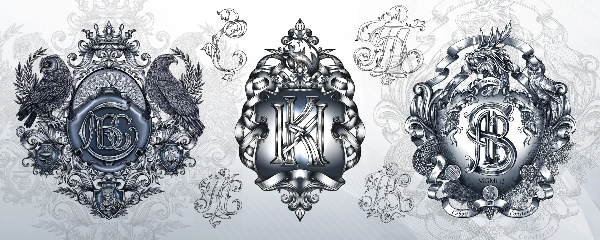 Личные, семейные и корпоративные монограммы - профессиональная разработка и изготовление в геральдической мастерской.