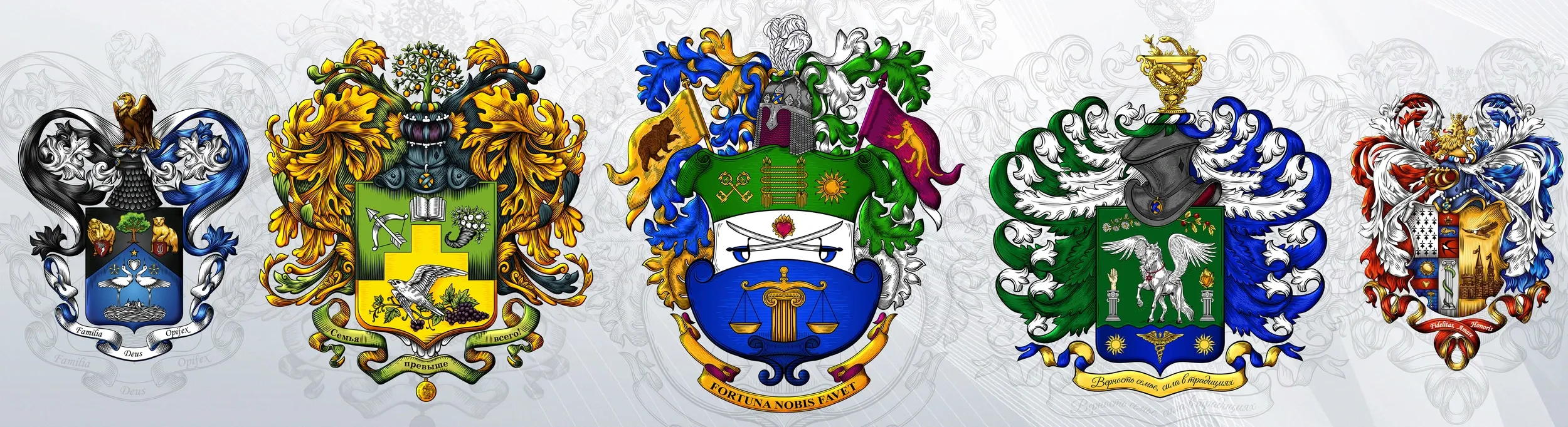Примеры различных фамильных гербов, созданных геральдической мастерской компании арт студия традиции времён.