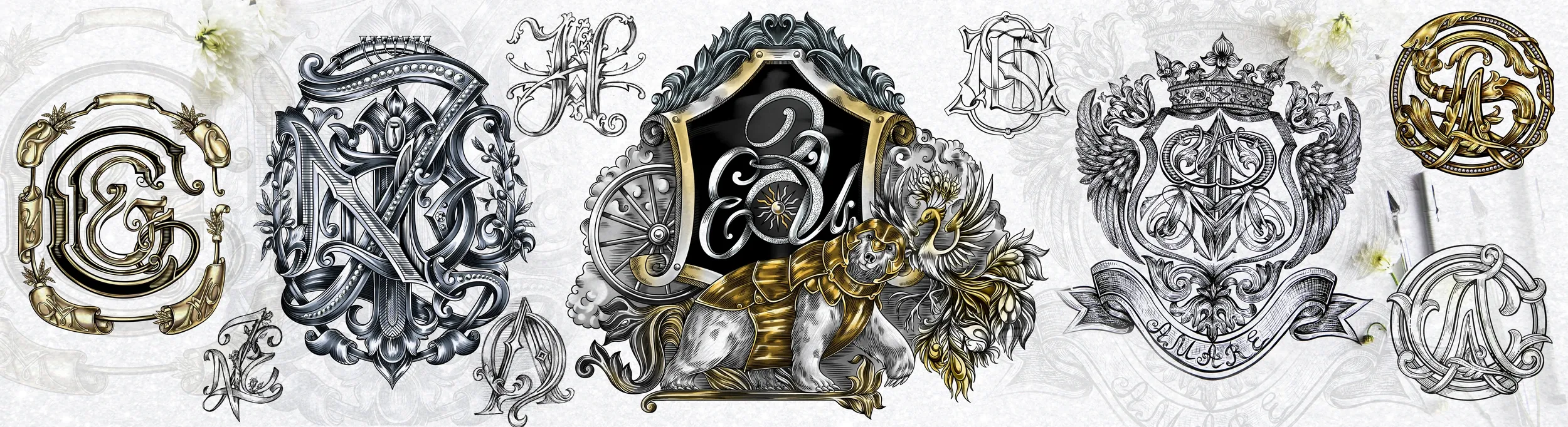 Различные монограммы, выполненные в разных техниках, ручная гравюрная отрисовка и создание в электронных форматах.