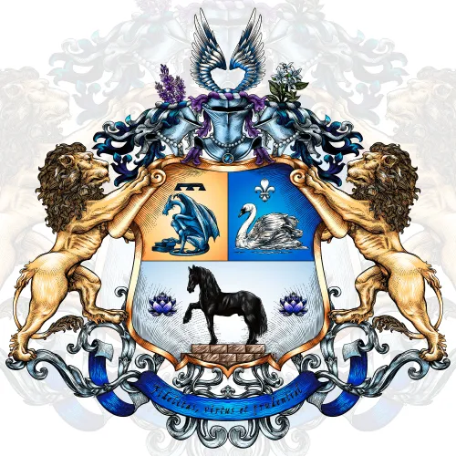 Разработка фамильного герба, со львами, в гравюре с золотом, с уникальными символами в щите.