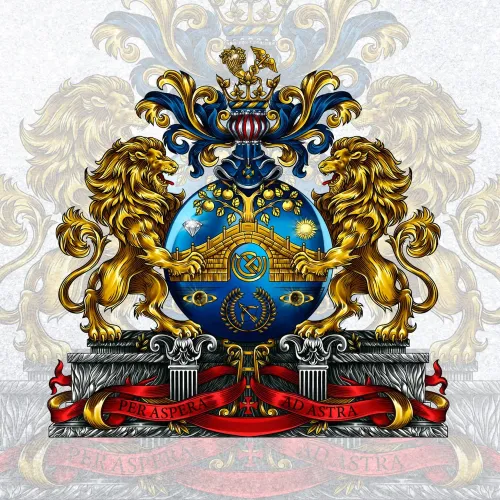 Разработка корпоративного герба со львами, логотипом компании, в ярких насыщенных тоннах, в векторном формате.