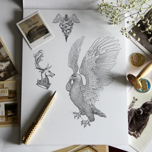 Нарисованный орёл для фамильного герба, выполнено индивидуально и вручную, гравюра орла и оленя.