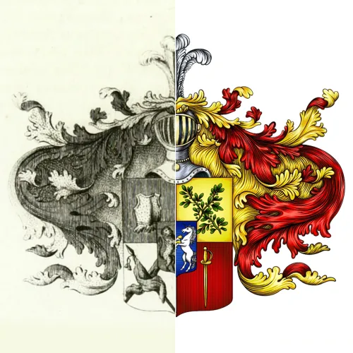 Старинный герб и его улучшенная версия, выполненная в векторной технике в цвете и детальной отрисовкой.