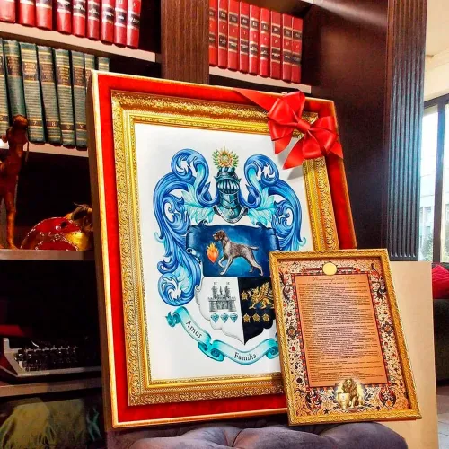 Картина с фамильным гербом акварели, ручная работа, в золотой раме, применение семейного герба в декоре.