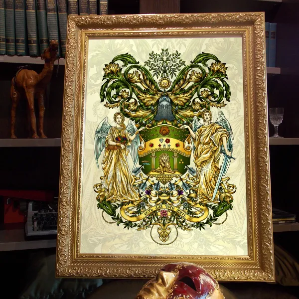 Картина маслом с фамильным гербом - пример художественного оформления герба в рамках дополнительных услуг.
