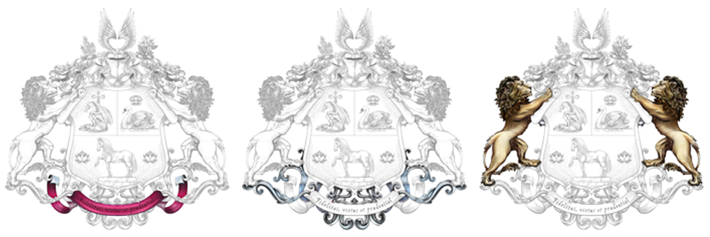 Детали герба: щитодержатели, пьедестал и девиз
